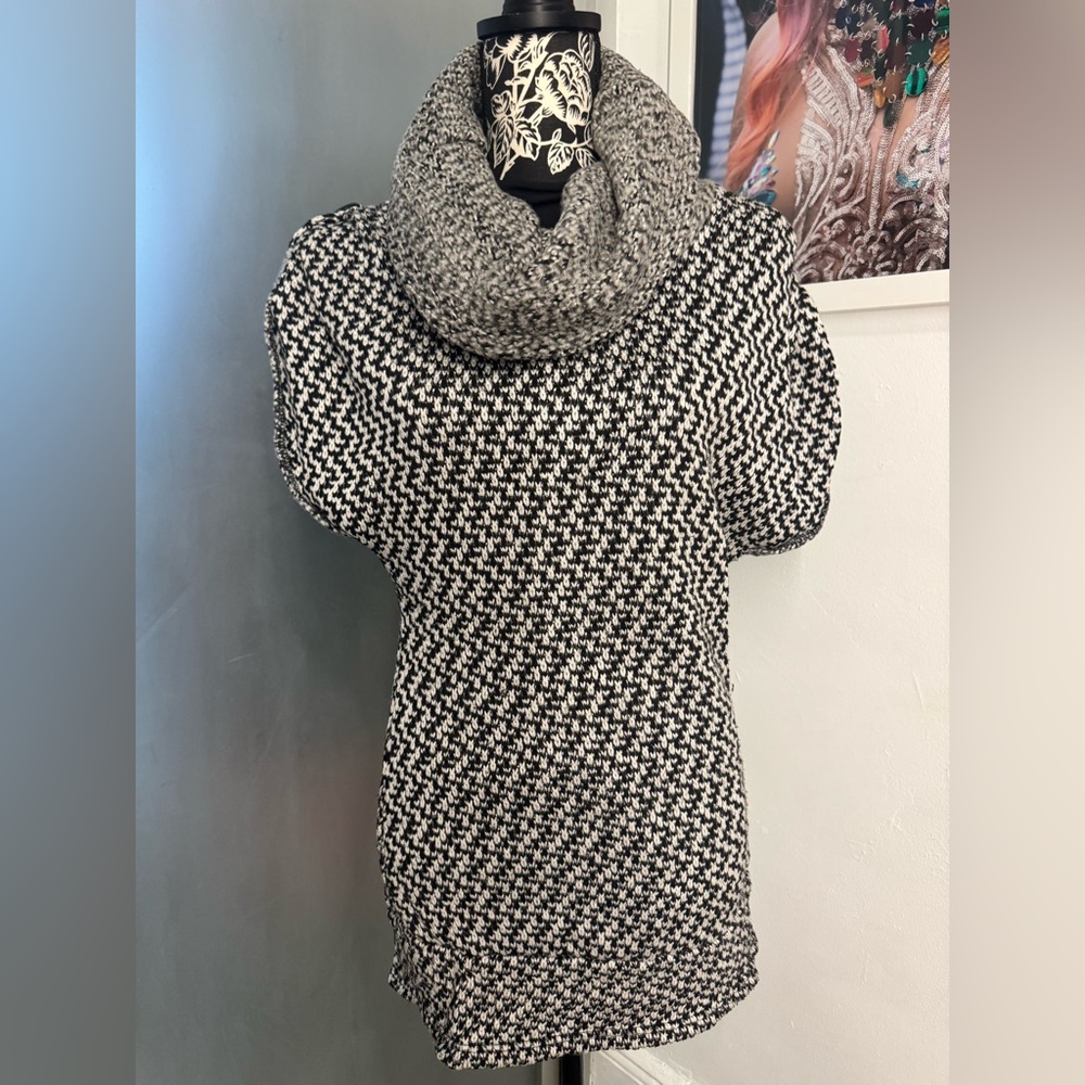 Black and White Chunky Knit Cowl Neck Sweater